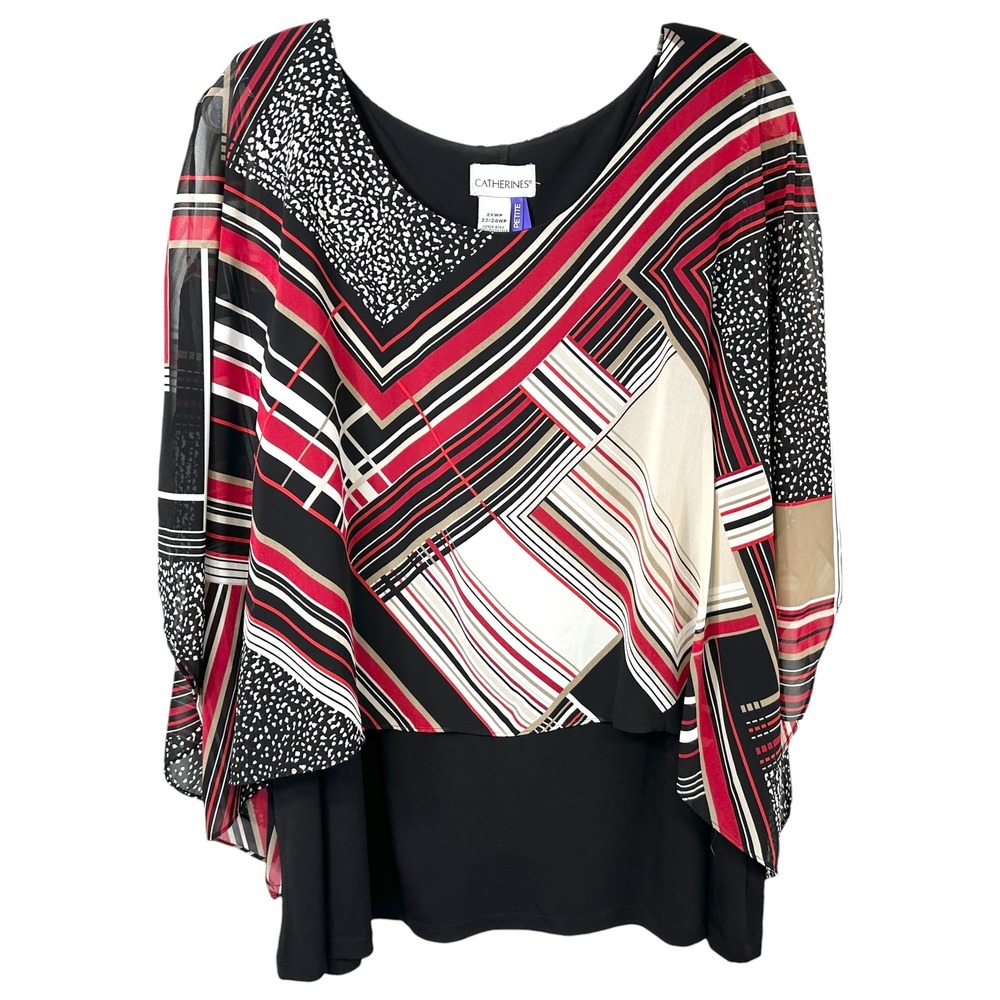 Catherines 2XWP Top Sheer Overlay Layered Geometric Print Black Red Career 1715